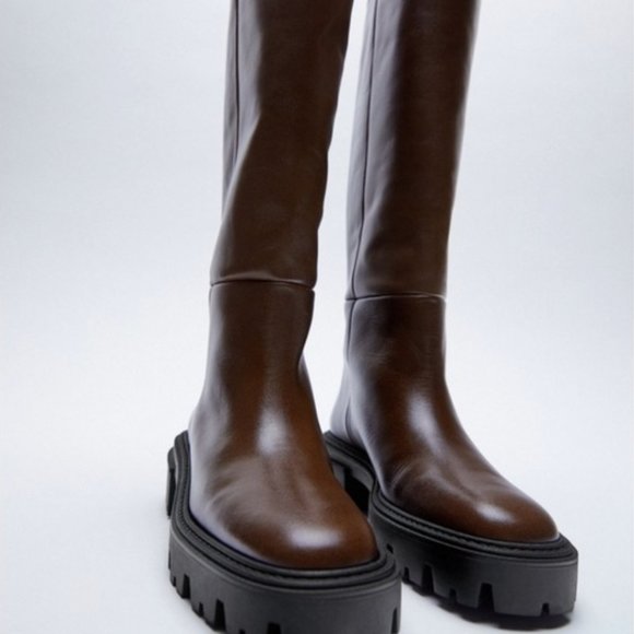 Zara Shoes - ZARA Boots brown low heel lug sole tall boots